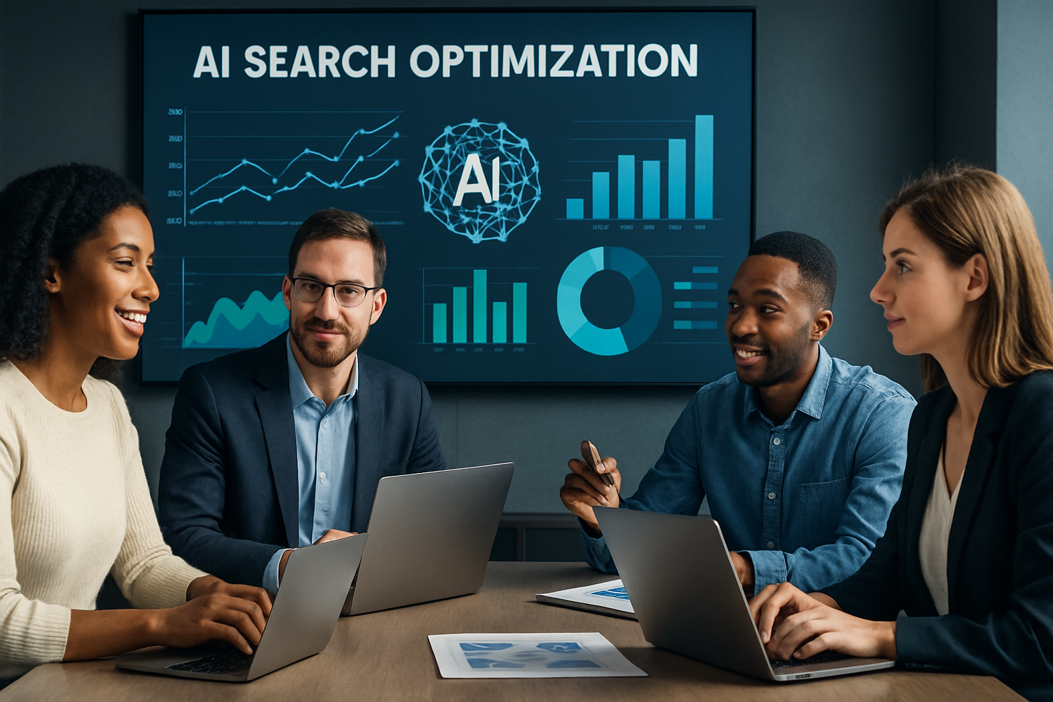 Diverse marketing team analyzing AI search optimization strategies in a modern office.