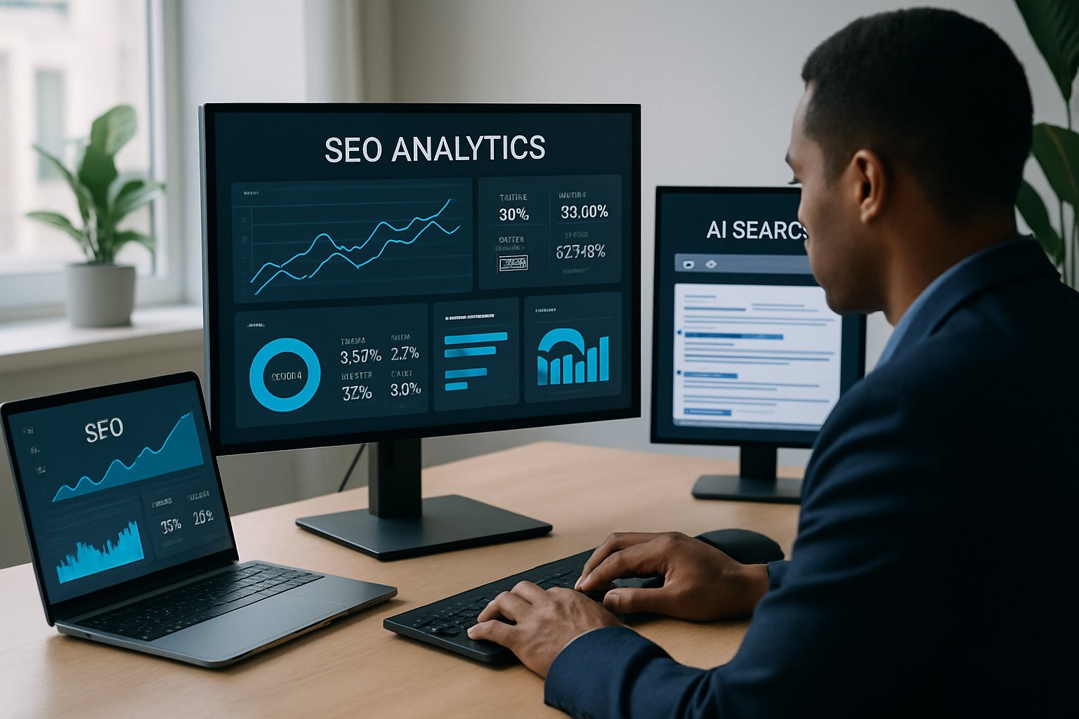 A digital marketing workspace showcasing SEO analytics and AI search results in a modern setting.